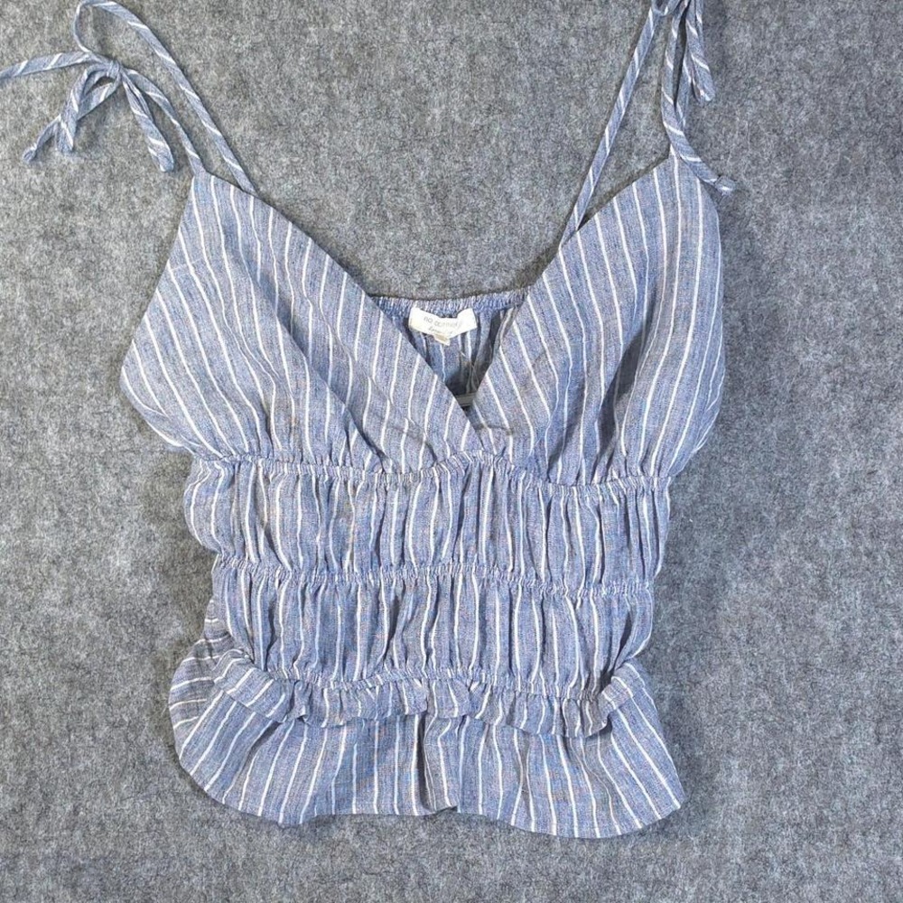 No‎ Comment Blue White Striped Smocked Peplum Cami Top Linen Blend Boho XL